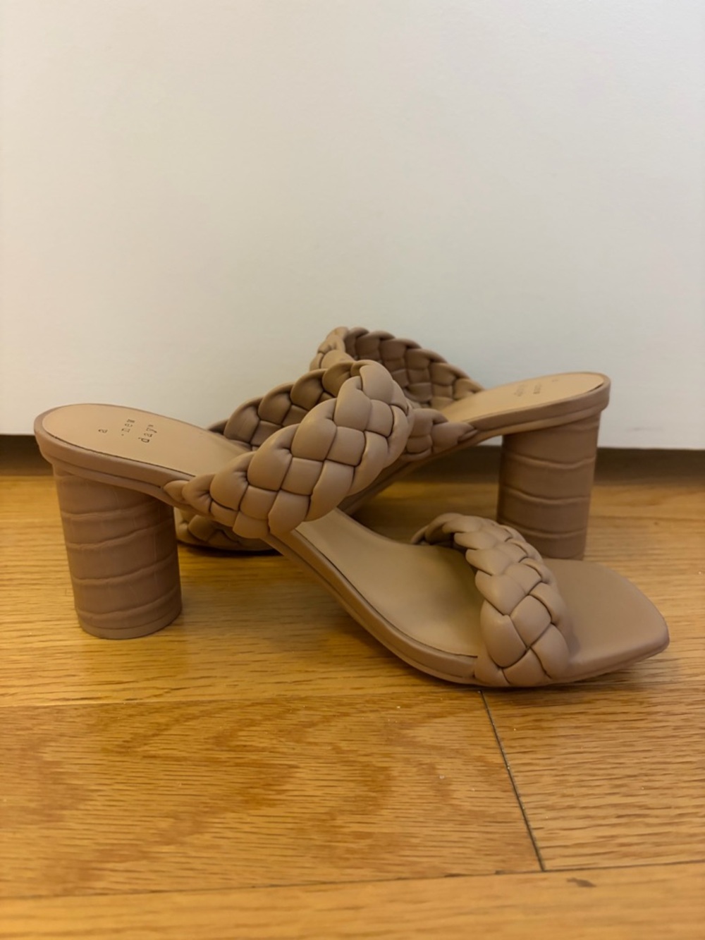 Braided Double-Strap Block Heel Sandals in Taupe